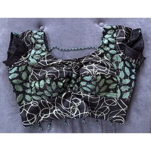 SAREE Crop Blouse Hamdmade Signed Green Beaded Sequins Velvet Bollywood Medium